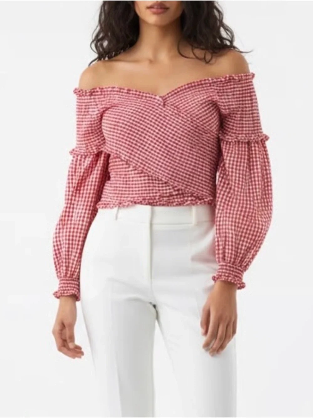 Zara red and white smocked gingham crop top